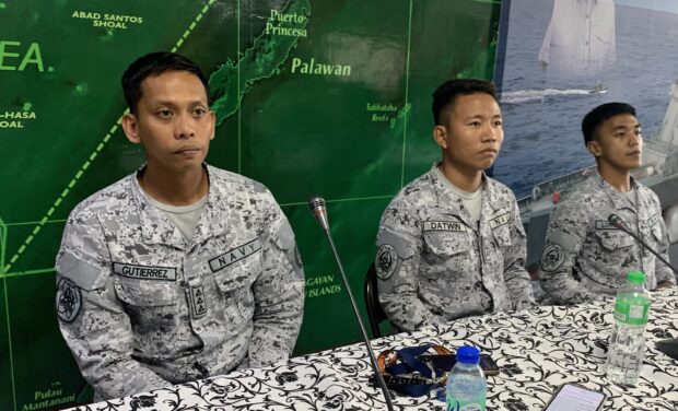 Navy crew in resupply mission in BRP Sierra Madre says they were unarmed John Eric Mendoza PALAWAN, Philippines — The Philippine Navy crew who joined the resupply mission in BRP Sierra Madre in Ayungin Shoal said they were unarmed while doing the task. Lieutenant Junior Grade Richard Lonogan said this is because their mission is civilian in nature. “The boat is civilian-owned, so we did not bring arms there,” Lonogan said in a press conference in Western Command headquarters here in Puerto Princesa, Palawan. “Our intention is to bring supply goods necessary for the sustainment of our troops in BRP [Sierra Madre],” Lonogan added. “The protection of the supply boats is the task of the Coast Guard.” The China Coast Guard vessel fired a water cannon at a PCG vessel and a supply ship delivering food, water, fuel and other supplies to military personnel stationed in BRP Sierra Madre. The mission was only partially fulfilled as one of the boats proceeded while the other one returned to Puerto Princesa City. Lieutenant Ramsey Gutierrez said the supply of rice, vegetables, meat, and other goods for the crew of the ship was hit by the water cannon, rendering it unusable. The BRP Sierra Madre is a commissioned Philippine Navy vessel which has hosted a small contingent of military personnel to assert Manila’s claim to the disputed waters since 1999.  Ayungin Shoal is a low-tide elevation about 194 kilometers off Palawan province that is well within the Philippines’ exclusive economic zone. China’s actions are anchored on its assertion that it owns almost all of the areas in the South China Sea, including the WPS though its nine-dash line. But the Philippines challenged this before the Permanent Court of Arbitration, which later invalidated Beijing’s sweeping claim. RELATED STORIES: AFP chief: Gov’t plans to deploy naval reservists to counter Chinese maritime militia in WPS https://newsinfo.inquirer.net/1815147/afp-chief-says-govt-plans-deployment-of-naval-reservists-to-counter-chinese-maritime-militia-in-wps#ixzz8A0WOE3r8 Too early to invoke US-PH Mutual Defense Treaty after China’s water cannon attack — DFA https://globalnation.inquirer.net/217398/fwd-a-bit-early-to-invoke-us-ph-mutual-defense-treaty-on-chinas-water-cannon-attack-dfa#ixzz89hYJ9ces PCG: We use water cannons to put out fire, not to chase away Chinese vessels https://globalnation.inquirer.net/217417/pcg-we-use-water-cannons-to-put-out-fire-not-to-chase-away-chinese-vessels#ixzz89hYNEwzF CAPTION: From left: Lt. Junior Grade Darwin Datwin, Lt. Ramsey Gutierrez, and Lt. Junior Grade Richard Lonogan. INQUIRER.net/John Eric Mendoza