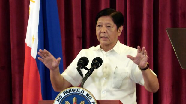 President Ferdiand 'Bongbong' Marcos Jr. during his departure speech at Villamor Air Base for the ASEAN Summit in Indonesia. | PHOTO: INQUIRER.net / Ryan Leagogo