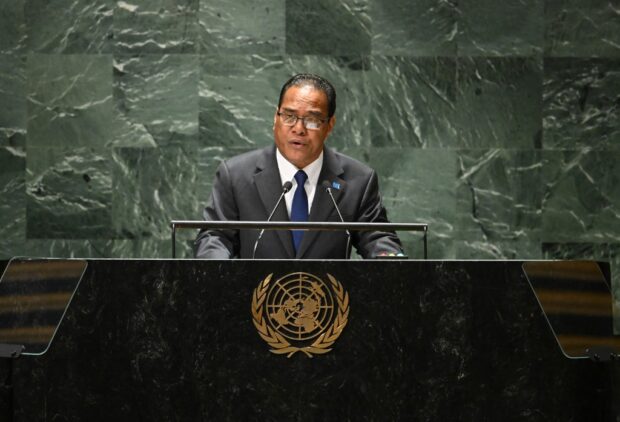 Micronesian President Wesley Simina addresses the 78th United Nations General Assembly at UN headquarters in New York City on September 21, 2023. (Photo by TIMOTHY A. CLARY / AFP)