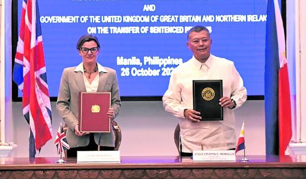 LANDMARK TREATY Justice Secretary Jesus Crispin Remulla and British Ambassador to the Philippines Laure Beaufils formalize on Thursday, the Philippines-United Kingdom Treaty on the Transfer of Sentenced Persons at the Department of Justice headquarters in Manila. —PHOTO FROM DOJ FACEBOOK PAGE
