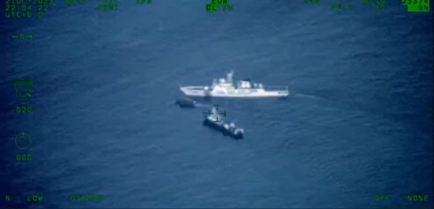 ‘DANGEROUS, IRRESPONSIBLE’ In this screenshot of a video taken by the Armed Forces of the Philippines some 2 kilometers east of Ayungin (Second Thomas) Shoal, China Coast Guard Vessel No. 5203 blocks a boat contracted by the AFP for a resupply mission on Sunday morning in that area of the West Philippine Sea.