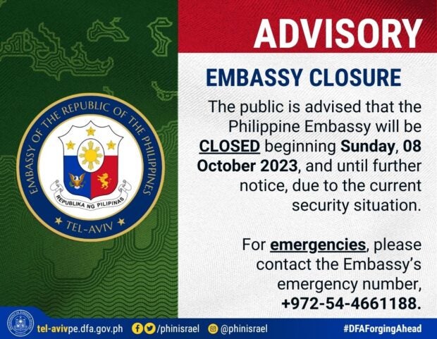 PH embassy in Israel closed until further notice following Hamas attack