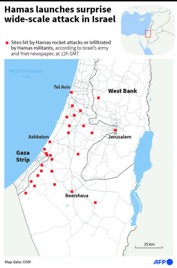 Map of Israel showing sites attacked by Hamas.
