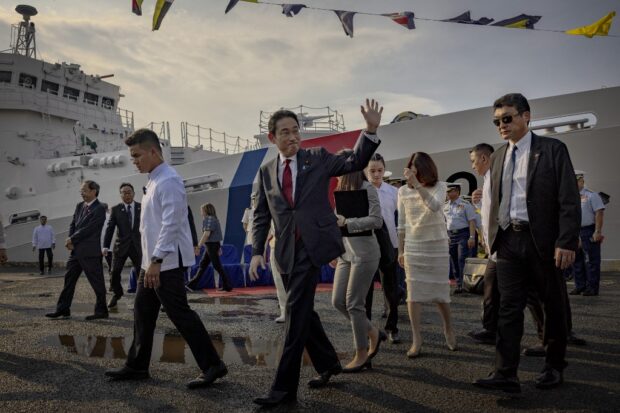 Japan's Prime Minister Fumio Kishida visits the BRP Teresa Magbanua ship at the Philippine Coast Guard headquarters in Manila on November 4, 2023. (Photo by Ezra Acayan / POOL / AFP)