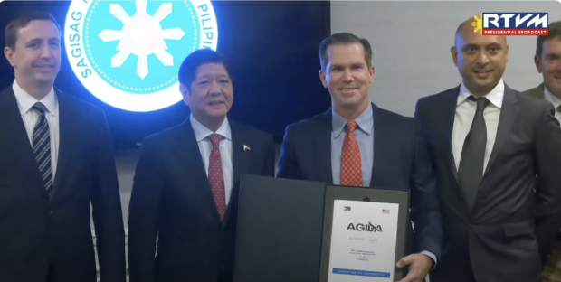 (From left) Astranis Cofounder and Chief Executive Officer John Gedmark, President Ferdinand "Bongbong" Marcos Jr., Cofounder Ryan McLinko, and Astranis Director of Commercial Sales Ajmair Heer during the announcement of the official name of internet satellites that will be launched by Astranis and Orbits Corp in the Philippines next year. (Screen grab from RTVM Youtube / November 16, 2023)