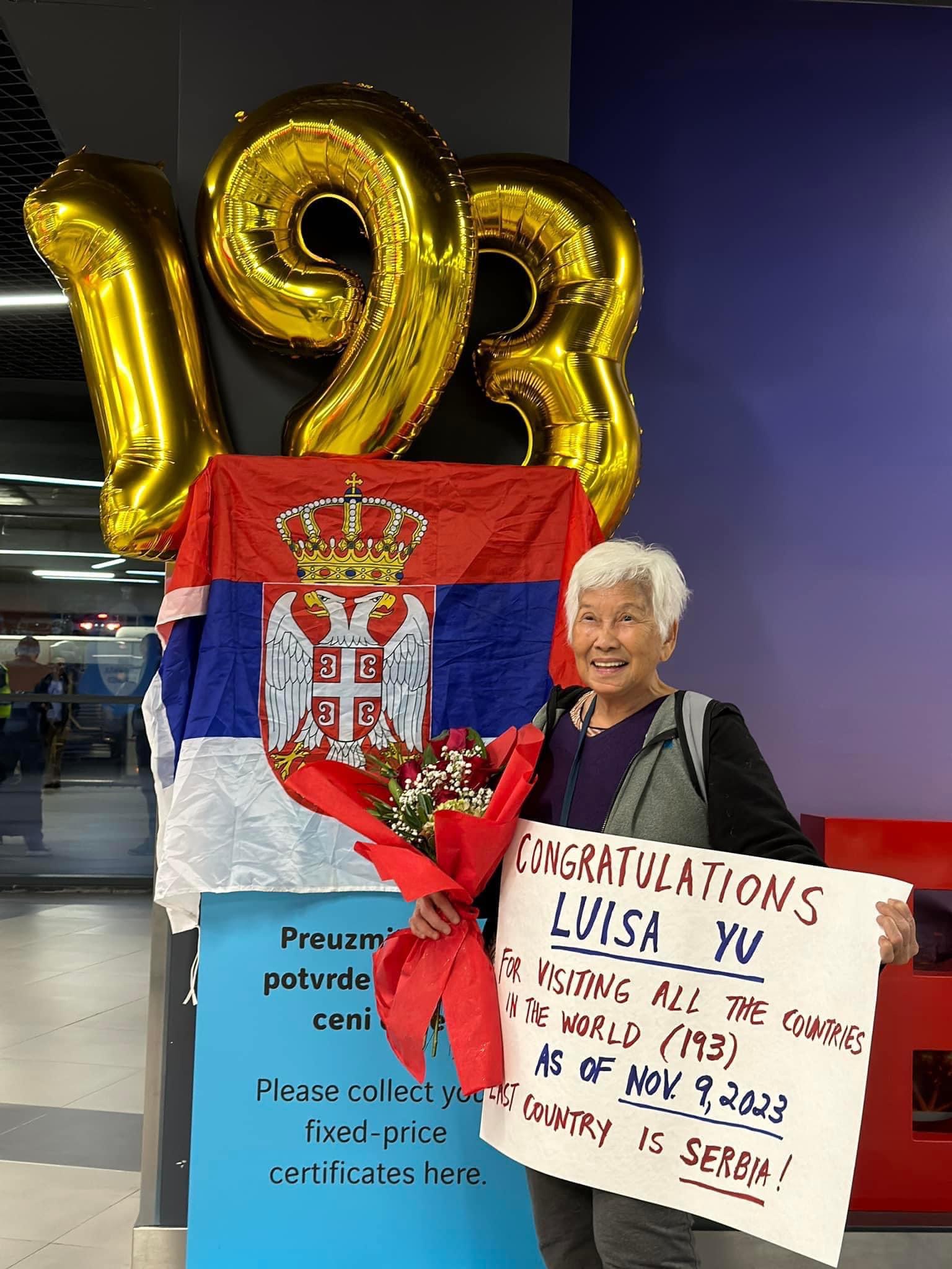 Luisa Yu, 79, arrives in Belgrade, Serbia, on November 9, 2023. Serbia was her last country to visit, completing all 193 United Nations-recognized countries across the globe