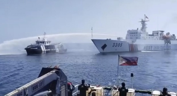 2024 January 1 China Coast Guard ship using a water cannon