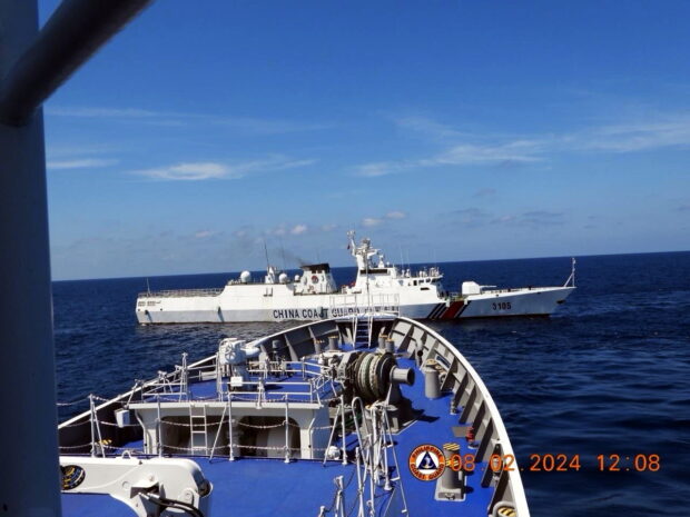 TENSION AT SEA This photo released by the Philippine Coast Guard (PCG) shows a China Coast Guard ship making what PCG officials described as “dangerous maneuvers” during a Philippine patrol in Bajo de Masinloc (Scarborough Shoal) off Zambales province recently.