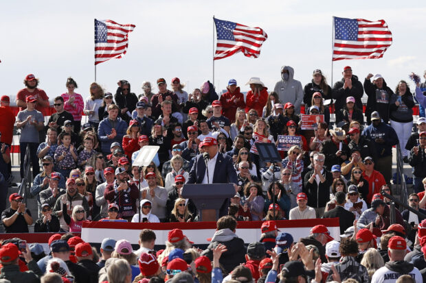 Former US President and Republican presidential candidate Donald Trump speaks during a Buckeye Values PAC Rally in Vandalia, Ohio, on March 16, 2024.KAMIL KRZACZYNSKI / AFP