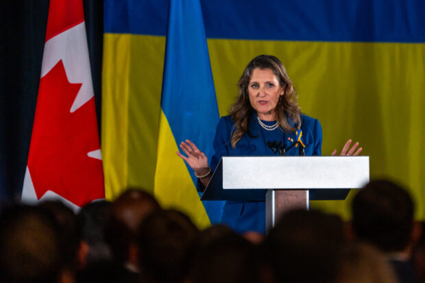 TORONTO, ON - SEPTEMBER 22: Canadian Deputy Prime Minister Chrystia Freeland speaks during a rally with Ukrainian President Volodymyr Zelensky and Canadian Prime Minister Justin Trudeau at Fort York on September 22, 2023 in Toronto, Canada. Zelensky visited Canada for the first time in person since Russia's invasion of Ukraine, ending a North American trip that started with a visit to the U.S. Katherine KY Cheng/Getty Images/AFP (Photo by Katherine KY Cheng / GETTY IMAGES NORTH AMERICA / Getty Images via AFP)