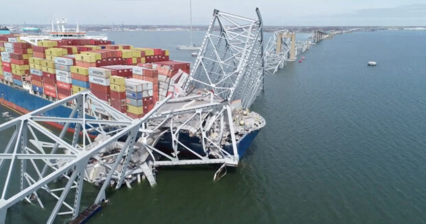 A drone view of the cargo vessel that crashed into the bridge in Baltimore, March 26, 2024. NTSB/Handout via REUTERS