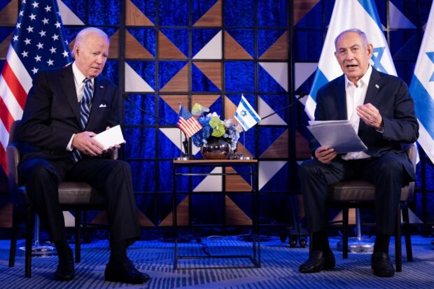 US President Joe Biden listens to Israel's Prime Minister Benjamin Netanyahu