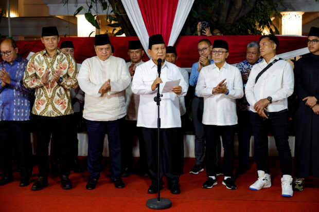 Indonesia's front-runner presidential candidate Prabowo Subianto gives a speech after the announcement of the presidential election result, in Jakarta