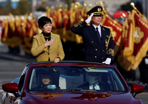 Tokyo Governor Yuriko Koike inspects the Tokyo Fire Department's New Year's Fire review