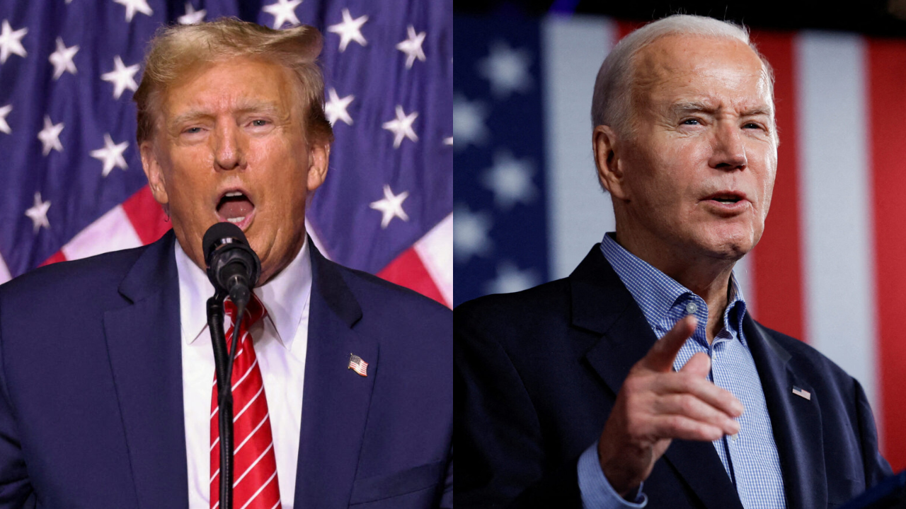 Republican presidential candidate and former U.S. President Donald Trump (left) and President Joe Biden speak during a campaign event
