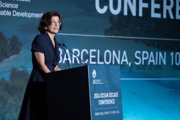 Director-General of the UNESCO Audrey Azoulay delivers a speech during the 2024 Ocean Decade Conference 