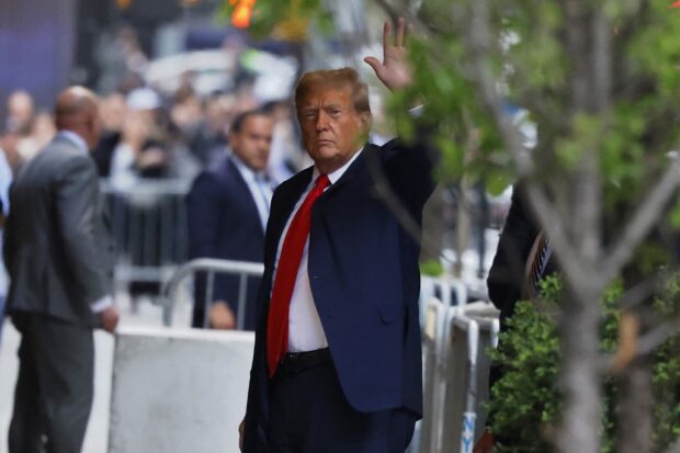 Donald Trump arrives at Trump Tower after departing Manhattan Criminal Court on April 15, 2024 in New York City.