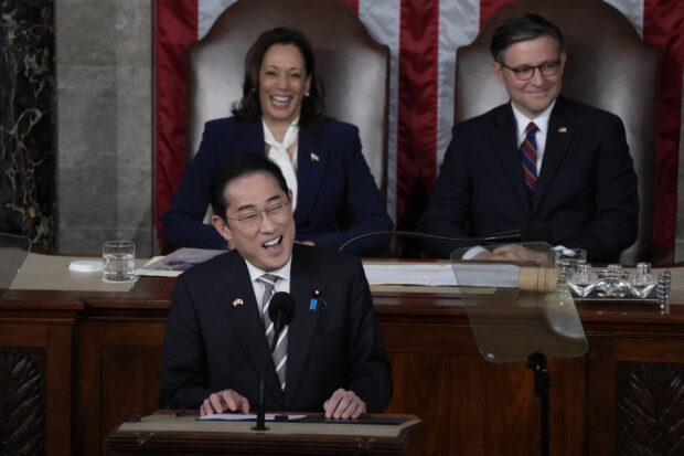 Japan's Prime Minister Fumio Kishida addresses a joint meeting of Congress in the House chamber,