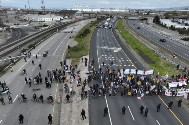 Protesters calling for a cease fire in Gaza shut down southbound traffic on Highway 880 in Oakland, Calif. 