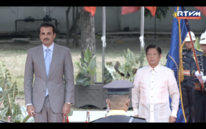President Ferdinand Marcos Jr. welcomes the Emir of Qatar, Sheikh Tamim bin Hamad Al Thani to Malacañang on April 22, 2024. (Photo from RTVM)