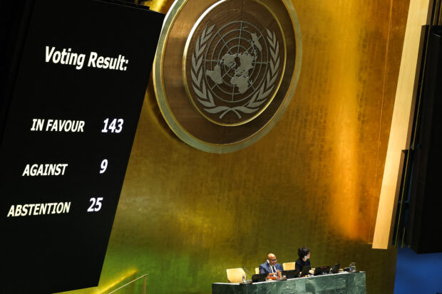 The results of a vote on a resolution for the UN Security Council to reconsider and support the full membership of Palestine into the United Nations is displayed during a special session of the UN General Assembly, at UN headquarters in New York City on May 10, 2024. A veto from the United States during an April 18, 2024 UN Security Council meeting previously foiled the Palestinians' drive for full UN membership.