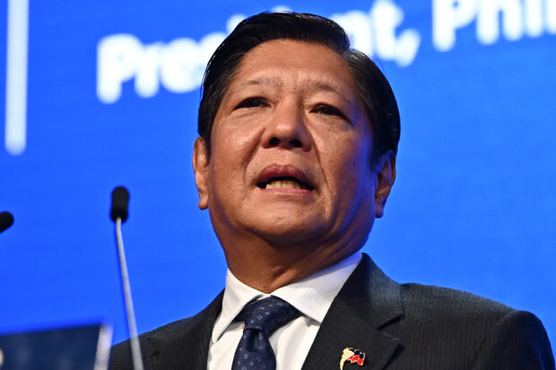 Philippines' President Ferdinand Marcos Jr. delivers a speech during the 21st Shangri-La Dialogue summit in Singapore on May 31, 2024. (Photo by NHAC NGUYEN / AFP)