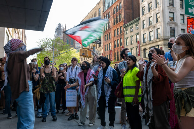 Pro-Palestinian protesters confront supporters of Israel outside The New School in lower Manhattan as tensions over the war in Gaza continue on campuses and inside of colleges and universities throughout the city on May 02, 2024 in New York City. Across the country, police and school authorities are confronting growing student demonstrations over Israel's war in Gaza with hundreds having been arrested after the take-over of buildings and parts of campuses. 