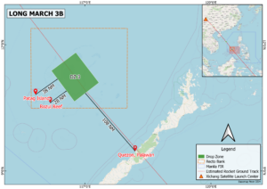 The Philippine Space Agency says that the debris from a Chinese rocket launched early Thursday may have fallen near the Rozul Reef and Patag Island. (Photo courtesy of PhilSA)