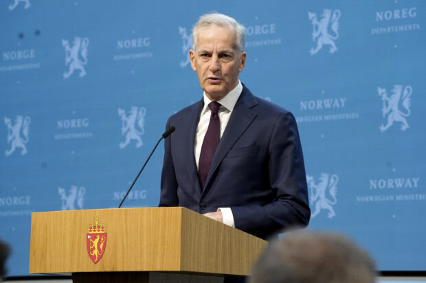 Norway's Prime Minister Jonas Gahr Store speaks during a news conference in Oslo, Norway, Wednesday, May 22, 2024.