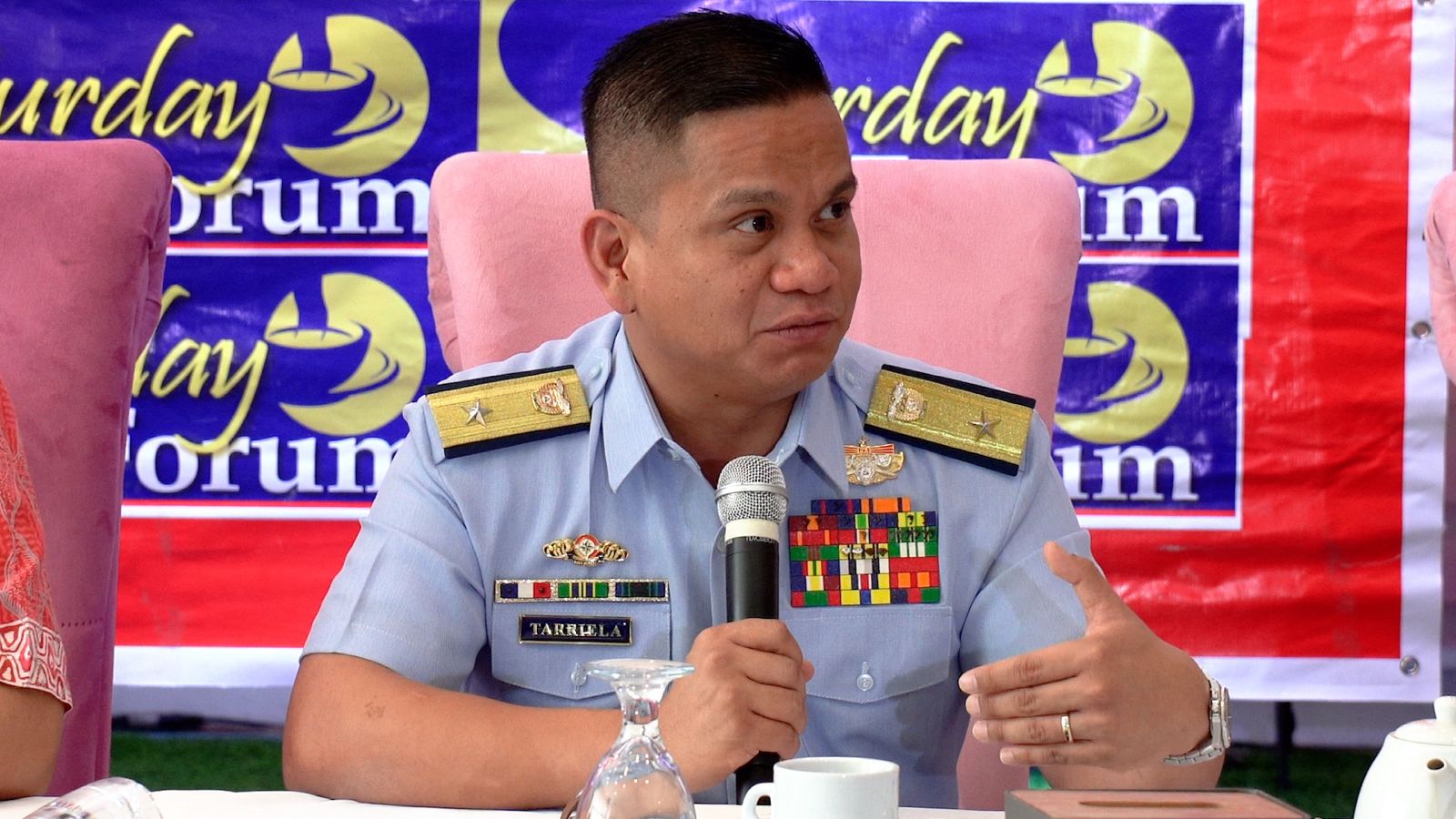 Commodore Jay Tarriela, Spokesperson of Philippine Coast Guard for the West Philippine Sea speaks to the members of the media at Saturday News Forum, Quezon City on Saturday, May 4, 2024. PHOTOS: Arnel Tacson, INQUIRER.net
