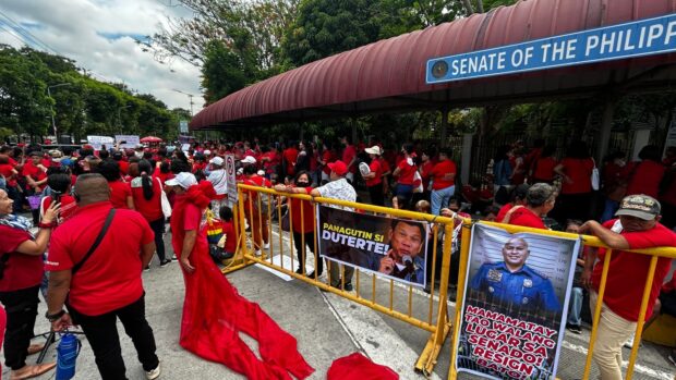 Marcos loyalists stage protest calling the gov’t to allow ICC to probe former President Duterte’s war on drugs in front of the Senate in Pasay City on Monday, May 6, 2024. Noy Morcoso/INQUIRER.net