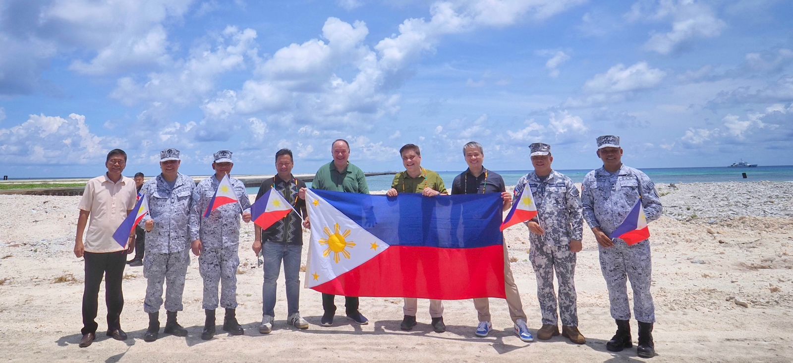 Senate President Migz Zubiri leads a historic visit to Pag-asa Island for the groundbreaking of a Super Rural Health Unit for the municipality of Kalayaan and a barracks for the Philippine Navy. He is the highest-ranking government official to visit the island in recent years, as Pag-asa came to national prominence for its position in the West Philippine Sea. From left to right: Mayor Roberto del Mundo, Commodore Alan Javier, Vice Adm. Toribio Adaci, Sen. JV Ejercito, Defense Secretary Gibo Teodoro, Senate President Migz Zubiri, Majority Leader Joel Villanueva, Coast Guard Adm. Ronnie Gavan, Rear Adm. Alfonso Torres.