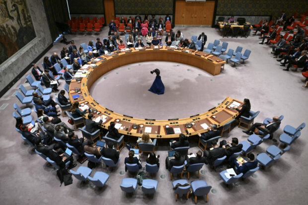 An overall view as the UN Security Council holds a meeting on the situation in the Middle East at UN headquarters on June 10, 2024 in New York. The United Nations Security Council on Monday adopted a US-drafted resolution supporting a ceasefire plan in Gaza, as Washington leads an intense diplomatic campaign to push Hamas to accept the proposal. The text -- passed with 14 votes in favor and Russia abstaining -- "welcomes" the truce and hostage release proposal announced on May 31 by President Joe Biden, and urges "parties to fully implement its terms without delay and without condition." (Photo by ANGELA WEISS / AFP)