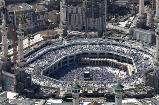 An aerial view shows Mecca's Grand Mosque with the Kaaba, Islam's holiest site in the centre on June 17, 2024, during the annual hajj pilgrimage. Saudi Arabia on June 17 warned of a temperature spike in Mecca as Muslim pilgrims wrapped up the hajj in searing conditions, with more than a dozen heat-related deaths confirmed.