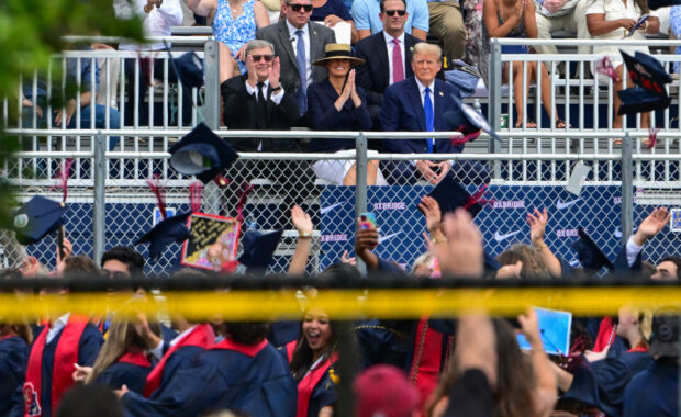 Former US President Donald Trump (R), with former First Lady Melania Trump (C) and her father Viktor Knavs (L), attends the graduation ceremony of his son, Barron Trump, at Oxbridge Academy in Palm Beach, Florida, May 17, 2024. (Photo by Giorgio VIERA / AFP)