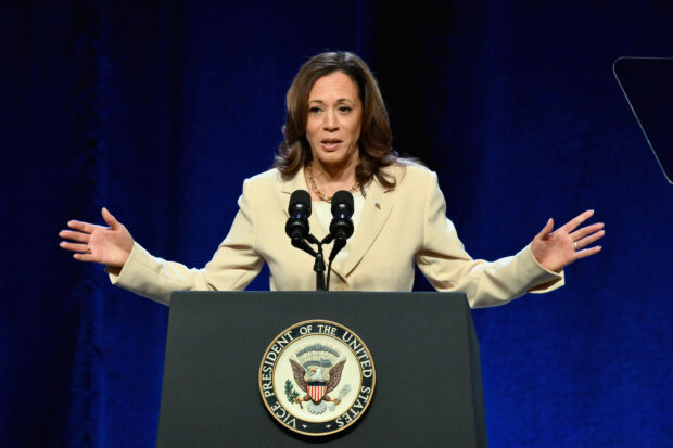 (FILES) US Vice President Kamala Harris speaks at the Constitutional Convention of the UNITE HERE hospitality union in New York on June 21, 2024. Harris is engaged in a delicate balancing act, playing cheerleader for President Joe Biden while standing by as a leading contender to replace him if he ends his reelection bid. Biden's dismal performance in the June 27 debate with former US President Donald Trump has triggered panic in much of the Democratic Party as people question whether Biden is physically and mentally able to beat Trump and serve another four years. (Photo by ANGELA WEISS / AFP)