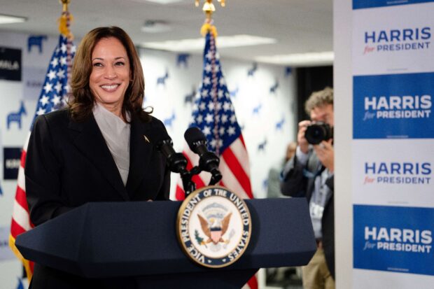 US Vice President and Democratic presidential candidate Kamala Harris speaks at her campaign headquarters in Wilmington, Delaware, on July 22, 2024. Harris on Monday compared her election rival Donald Trump to "predators" and "cheaters,"