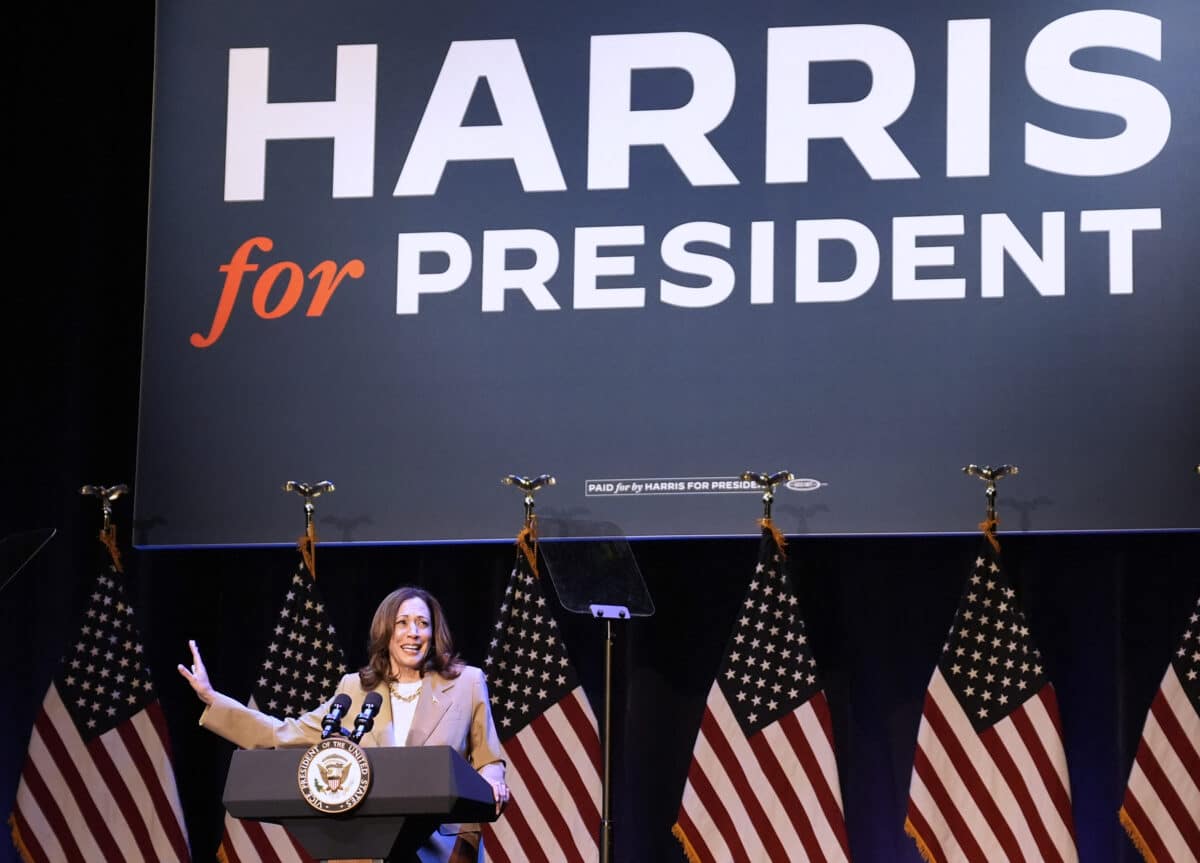 US Vice President and Democratic presidential candidate Kamala Harris speaks during a campaign fundraising event at the Colonial Theater in Pittsfield, Massachusetts, on July 27, 2024.