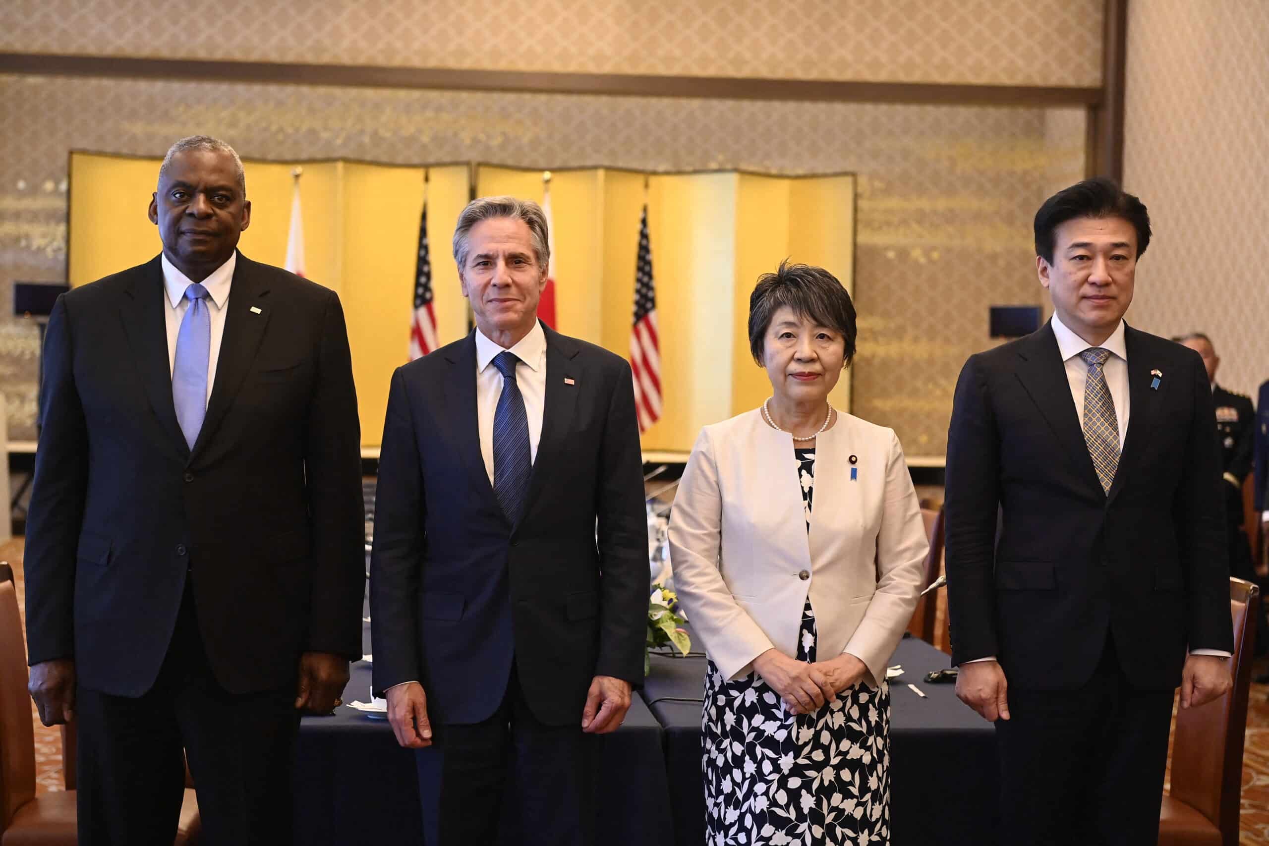 US Secretary of State Antony Blinken (2nd L) and US Secretary of Defense Lloyd Austin (L) pose with Japan's Foreign Minister Yoko Kamikawa (2nd R) and Japan's Defense Minister Minoru Kihara (R) at the start of the "Foreign and Defense Ministerial (2+2) Meeting" at the Iikura Guest House in Tokyo.