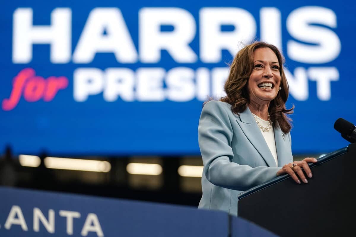 US Vice President and 2024 Democratic presidential candidate Kamala Harris speaks at a campaign rally in Atlanta, Georgia, on July 30, 2024. 