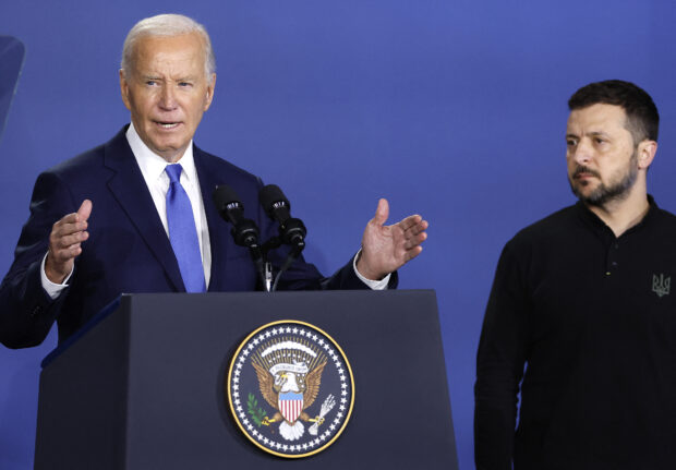 U.S. President Joe Biden and Ukraine President Volodymyr Zelenskyy participate in the launching of the Ukraine Compact at the 2024 NATO Summit on July 11, 2024 in Washington, DC. NATO leaders convene in Washington this week for the annual summit to discuss future strategies 