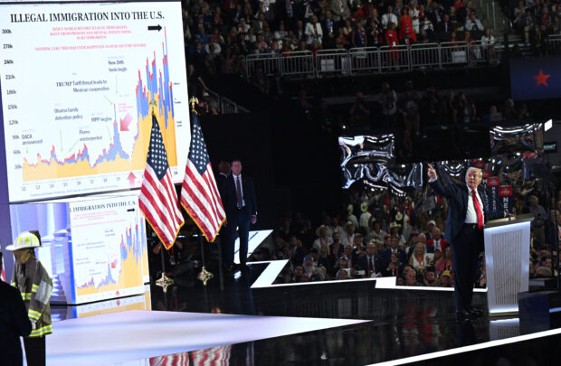 MILWAUKEE, WISCONSIN - JULY 18: Republican presidential nominee, former U.S. President Donald Trump speaks after officially accepting the Republican presidential nomination on stage on the fourth day of the Republican National Convention at the Fiserv Forum on July 18, 2024 in Milwaukee, Wisconsin. Delegates, politicians, and the Republican faithful are in Milwaukee for the annual convention, concluding with former President Donald Trump accepting his party's presidential nomination. The RNC takes place from July 15-18. Leon Neal/Getty Images/AFP (Photo by LEON NEAL / GETTY IMAGES NORTH AMERICA / Getty Images via AFP)