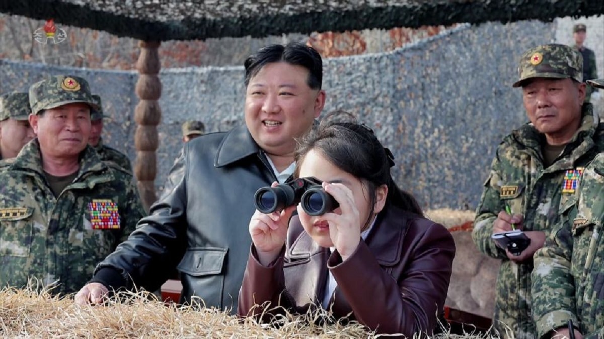 North Korean leader Kim Jong-un (center) and his daughter Ju-ae inspect a military base in North Korea in March.