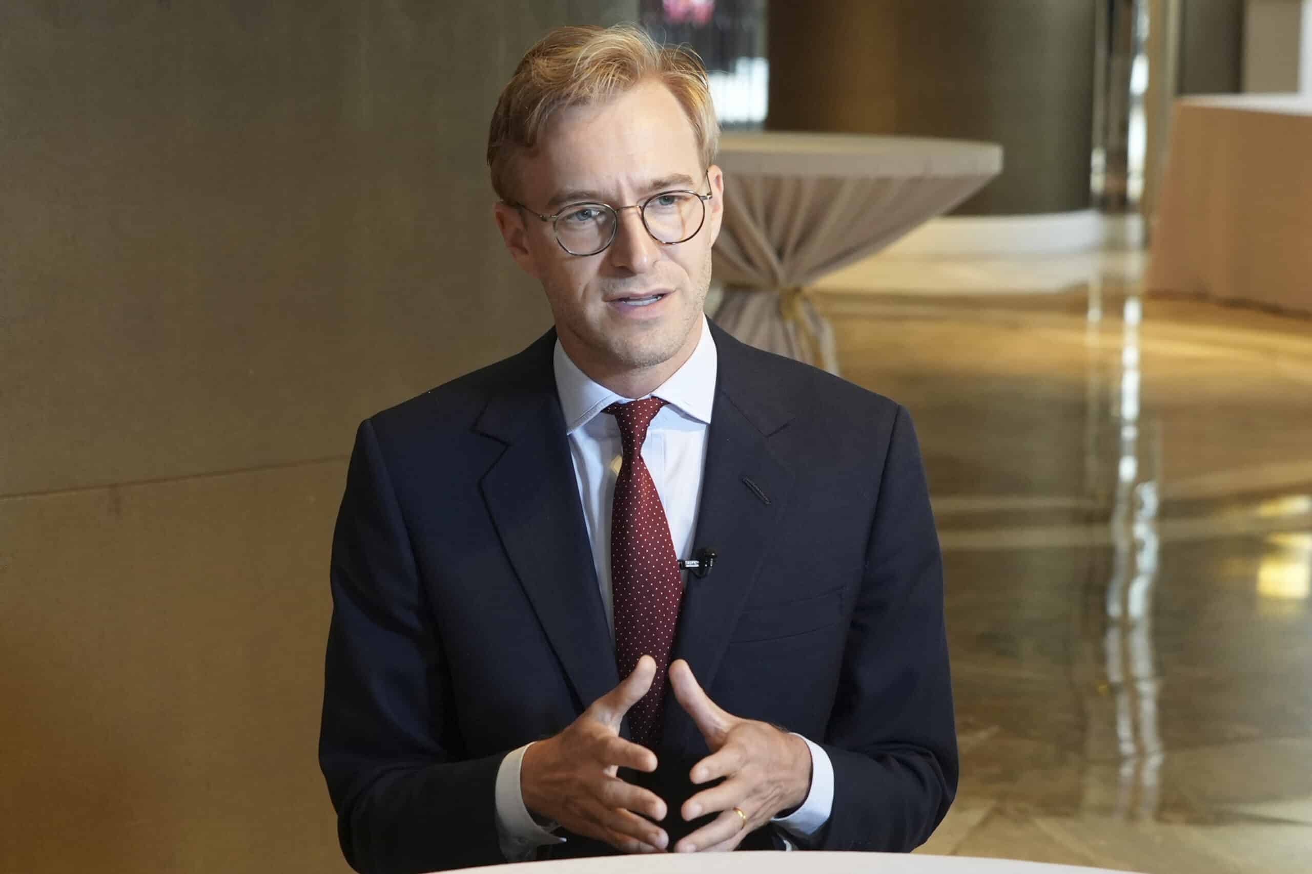 Luke de Pulford, Executive Director of the Inter-Parliamentary Alliance on China, speaks during an interview with The Associated Press in Taipei, Taiwan, Saturday, July 27, 2024. 