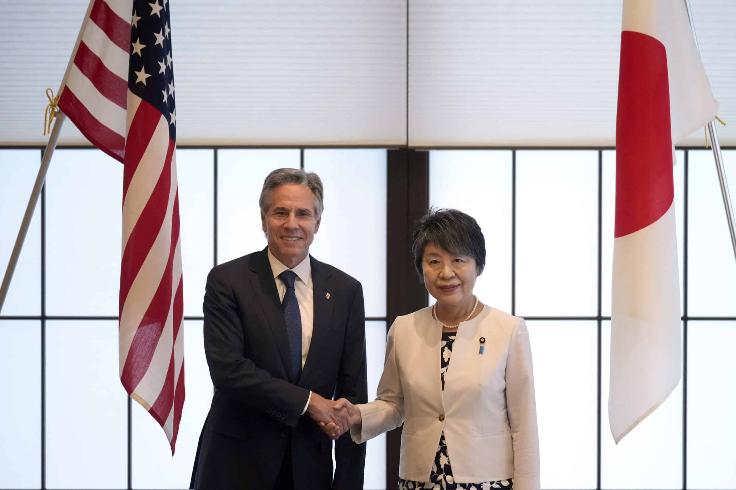 U.S. Secretary of State Antony Blinken, left, and Japanese Foreign Minister Yoko Kamikawa shake hands before their bilateral meeting at the Foreign Ministry's Iikura guesthouse in Tokyo