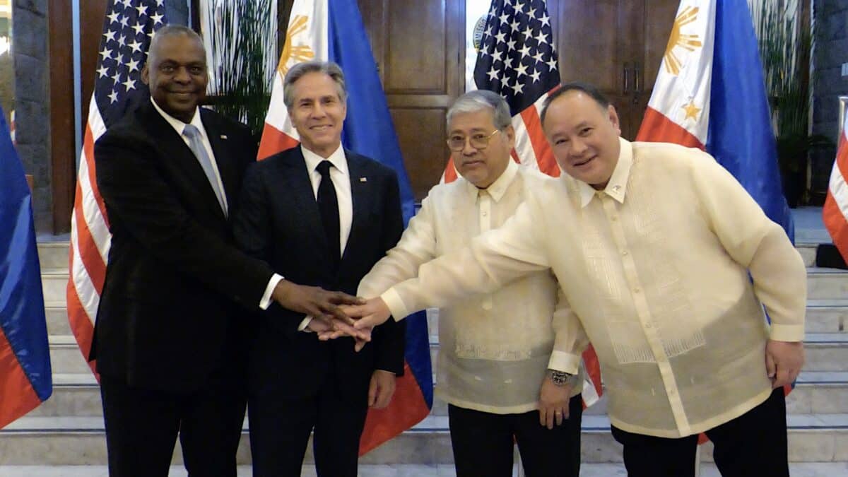 [From left to right] United States Secretary of Defense Lloyd Austin, United States Secretary of State Antony Blinken, PH Foreign Secretary Enrique Manalo, and PH Defense Secretary Gilberto Teodoro Jr. join hands during a photo opportunity before the start of '4th Philippines-US Two-Plus-Two Ministerial Consultations' at the Tejeros Hall in Camp Emilio Aguinaldo, Quezon City on July 30, 2024. Ryan Leagogo/INQUIRER.net