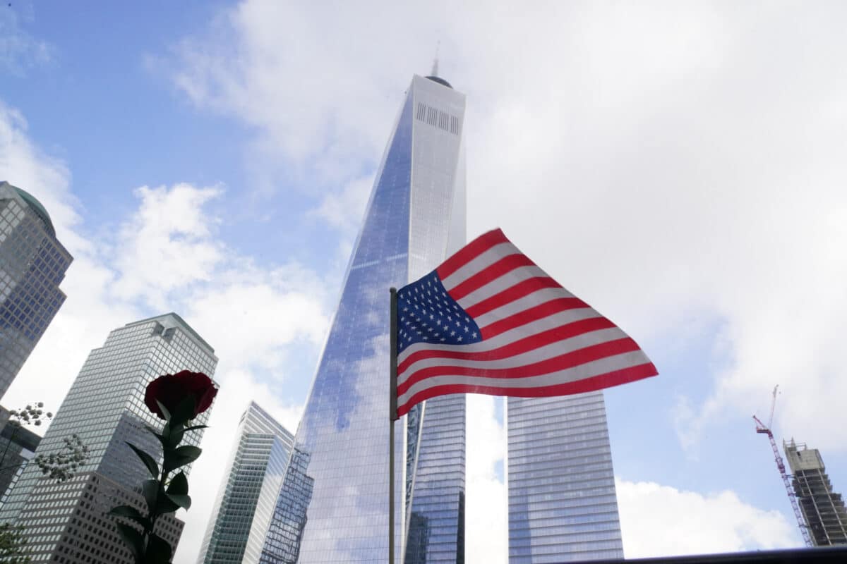 A US flag is seen in front of One World Trade Center on the 22nd anniversary of the terror attack on the World Trade Center, in New York City on September 11, 2023. 