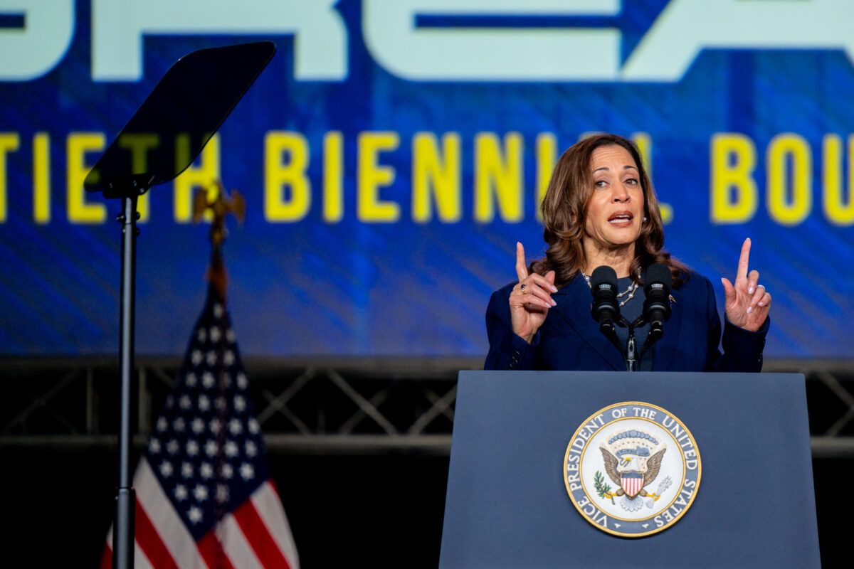 Democratic Presidential candidate, U.S. Vice President Kamala Harris delivers remarks during the Sigma Gamma Rho's 60th International Biennial Boule at the George R. Brown Convention Center on July 31, 2024 in Houston, Texas. Vice President Harris continues campaigning around the country against Republican presidential nominee, former President Donald Trump ahead of the November 5 presidential election.   Brandon Bell/Getty Images/AFP