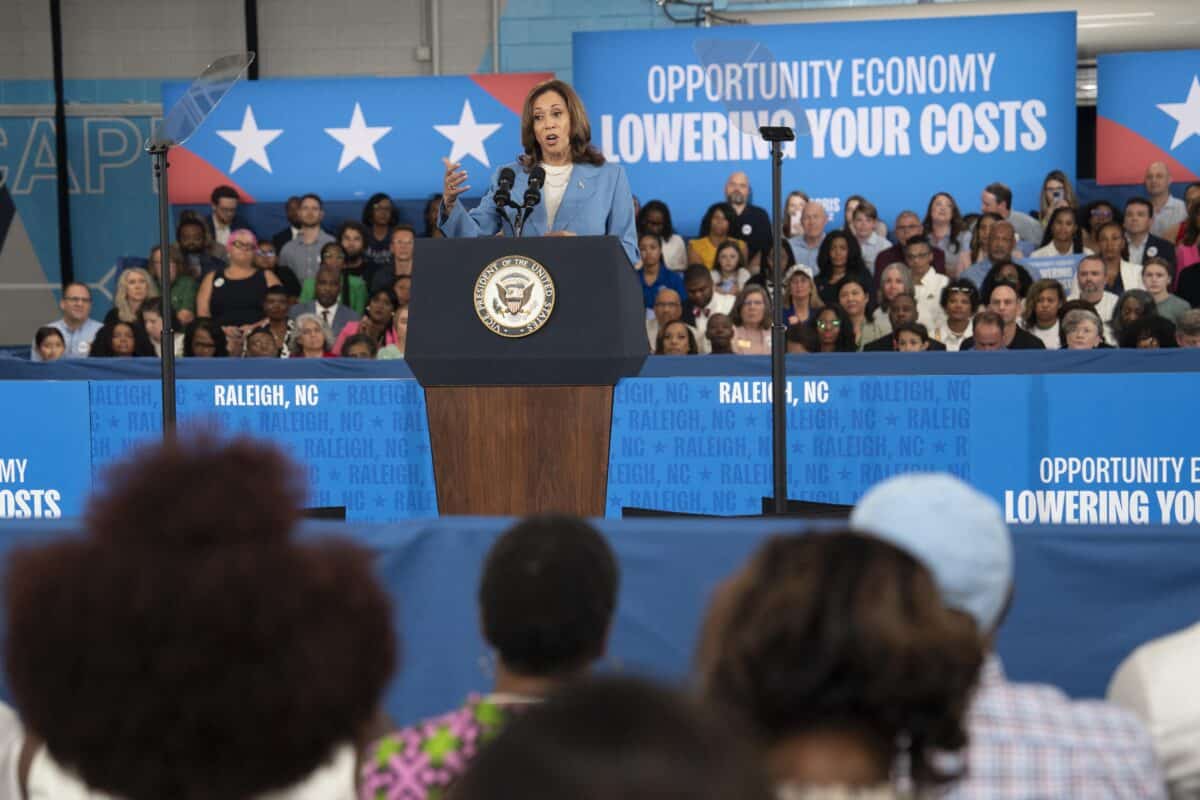 US Vice President and Democratic presidential candidate Kamala Harris speaks at the Hendrick Center for Automotive Excellence on the Scott Northern Wake Campus of Wake Tech Community College in Raleigh, North Carolina, on August 16, 2024. - Harris is unveiling an economic blueprint heavy on popular measures to cut costs for Americans, while attacking powerful companies for price gouging, as she fleshes out her election platform ahead of the Democratic National Convention. 