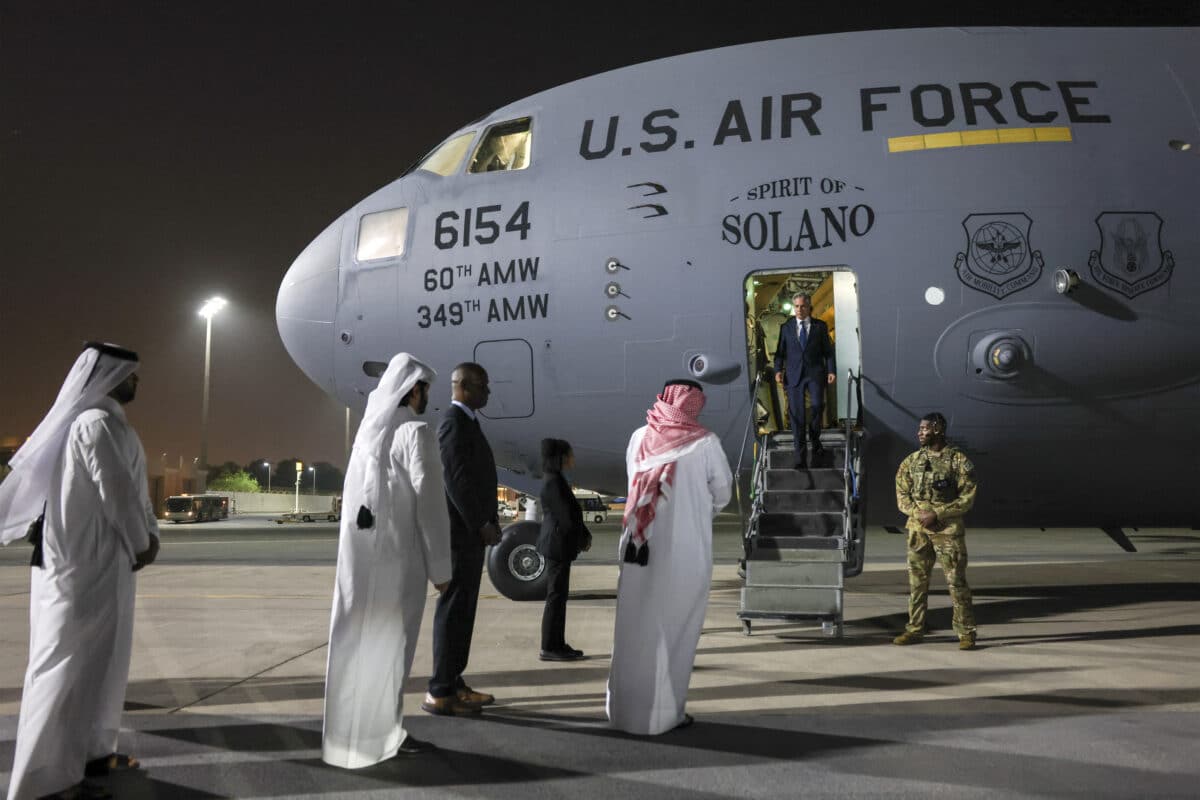 US Secretary of State Antony Blinken disembarks from his aircraft upon arrival in Doha on August 20, 2024.